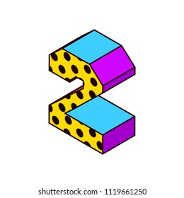 Vector isometric pop art bright letter number lettering number isometric two 2 with dots yellow purple blue black on white two 2