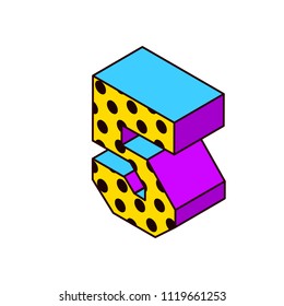 Vector isometric pop art bright letter number lettering number isometric  five 5 with dots yellow purple blue black on white five 5