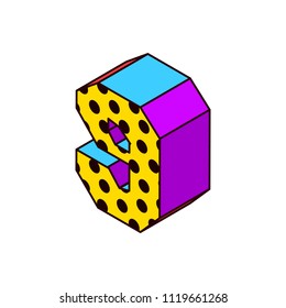 Vector isometric pop art bright letter number lettering number isometric nine 9 with dots yellow purple blue black on white nine 9