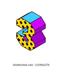 Vector isometric pop art bright letter number lettering number isometric three 3 with dots yellow purple blue black on white three 3
