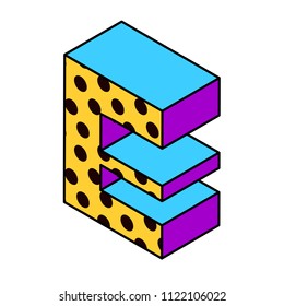 Vector isometric pop art bright letter number lettering number isometric letter e with dots yellow purple blue black on white isometric letter e