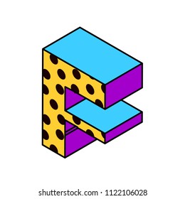Vector isometric pop art bright letter number lettering number isometric letter f with dots yellow purple blue black on white isometric letter f