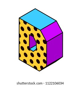 Vector isometric pop art bright letter number lettering number isometric letter d with dots yellow purple blue black on white isometric letter d
