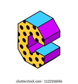 Vector isometric pop art bright letter number lettering number isometric letter c with dots yellow purple blue black on white isometric letter c