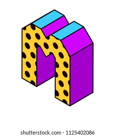 Vector isometric pop art bright letter number lettering number isometric letter m with dots yellow purple blue black on white isometric letter m