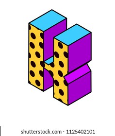 Vector isometric pop art bright letter number lettering number isometric letter k with dots yellow purple blue black on white isometric letter k