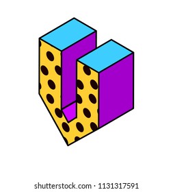 Vector isometric pop art bright letter number lettering number isometric letter v with dots yellow purple blue black on white isometric letter v