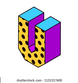 Vector isometric pop art bright letter number lettering number isometric letter u with dots yellow purple blue black on white isometric letter u