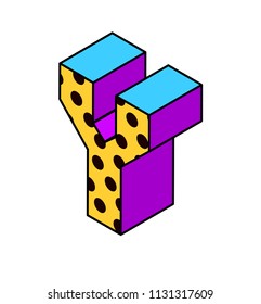 Vector isometric pop art bright letter number lettering number isometric letter y with dots yellow purple blue black on white isometric letter y