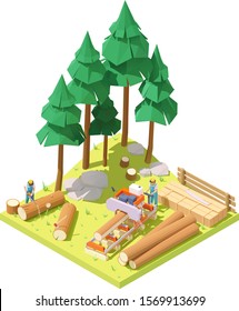 Vector isometric portable sawmill in forest. Man or woodcutter cutting large tree trunk to planks with sawmill. Lumberjack cutting tree with chainsaw