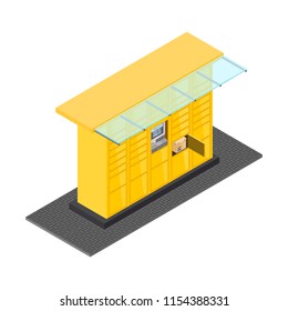 Vector isometric post automat illustration. Postomat branded self-service boxes. Modern technology delivery service machine. Automation service software office. Commerce sign