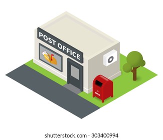Vector isometric post office. Flat building icon with mail box 