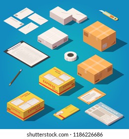 Vector isometric postal delivery objects set. Letters, stack of letters, knife, cardboard boxes, newspaper, pencil, paper on tablet, adhesive tape, envelopes.