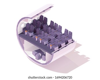 Vector Isometric Premium Economy Class Airplane Seats. Passenger Airplane Cabin Or Salon Cross Section. Premium Economy Class Airline Seats And Cargo Hold With Baggage