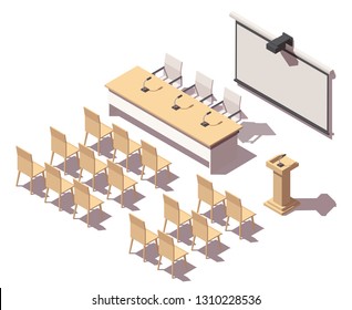 Vector isometric presentation room interior with tribune speaker, projector, table and chairs.