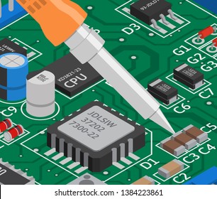 Vector isometric printed circuit board with soldering iron. Electronics repair.