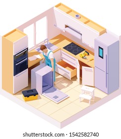 Vector isometric professional service worker or technician repairing dishwasher in the kitchen. Handyman installing integrated dishwasher and other kitchen appliances