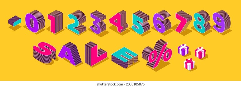 Vector isometric. Promotional multicolored design of isometric numbers 0 to 9 template and letters sale with percent and gifts for banner of seasonal sale of goods or stock purchase with markdown 