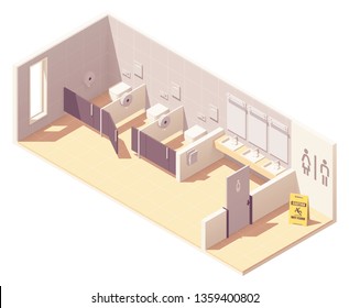 Vector isometric public female toilet room. Bowls in cubicles, sinks with mirrors and hand dryer