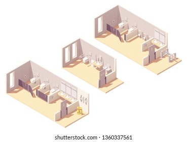 Vector isometric public pay toilet male, female facilities, accessible toilet with baby changing station