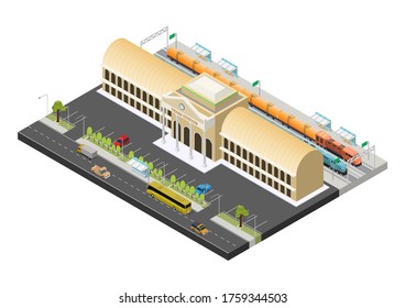 Vector isometric public train station building with trains, platform, and related infrastructure