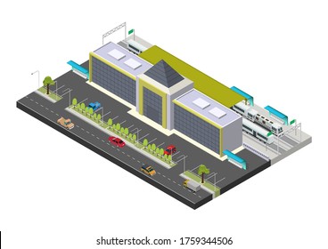Vector isometric public train station building with trains, platform, and related infrastructure