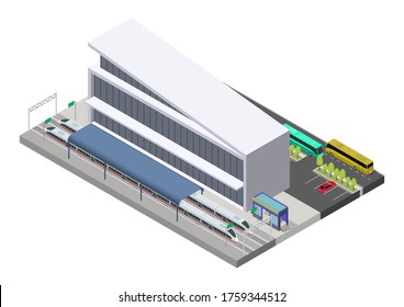 Vector isometric public train station building with trains, platform, and related infrastructure