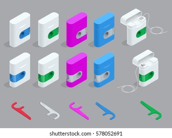 Vector isometric quality dental floss set and Toothpick with different color.