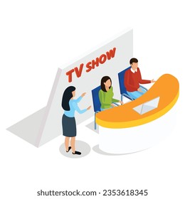 vector isometric quiz tv show icons collection of human characters on television channel shooting equipment with shadow