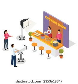 vector isometric quiz tv show icons collection of human characters on television channel shooting equipment with shadow