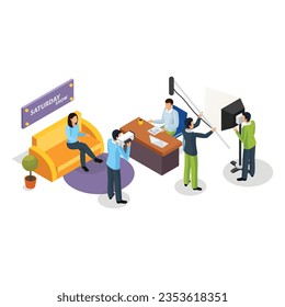 vector isometric quiz tv show icons collection of human characters on television channel shooting equipment with shadow
