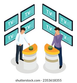vector isometric quiz tv show icons collection of human characters on television channel shooting equipment with shadow