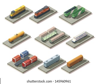 Vector isometric railroad cargo trains and cars icon set