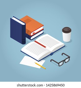 Vector isometric reading books illustration. Open book with reading glasses, paper and pencil. Academic education symbol learning, reading, school, knowledge science university library concept.