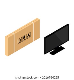 Vector isometric realistic TV screen and cardboard box. Modern stylish lcd panel, led type. Large computer monitor display mockup. Blank television template. 