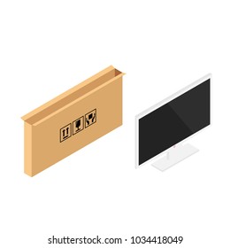 Vector isometric realistic TV screen and cardboard box. Modern stylish lcd panel, led type. Large computer monitor display mockup. Blank television template. 