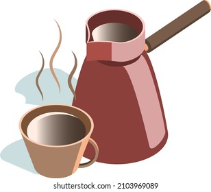 Vector isometric red coffee pot and beige cup with coffee