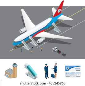 Vector Isometric representing airport, jet airplane, ground support vehicles and equipment. Aircraft runway airline pilot stewardess, airport-terminal, baggage, international airlines 