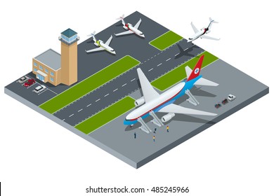 Vector Isometric representing airport, jet airplane, ground support vehicles and equipment. Aircraft runway airline, pilot, stewardess, airport terminal, baggage, international airlines 