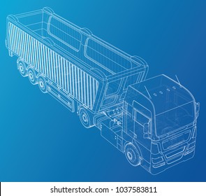 Vector Isometric representing truck or tractor with tipper semi-trailer. Created illustration of 3d. Wire-frame
