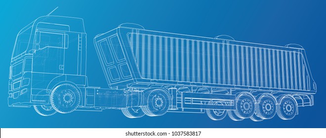 Vector Isometric representing truck or tractor with tipper semi-trailer. Created illustration of 3d. Wire-frame.