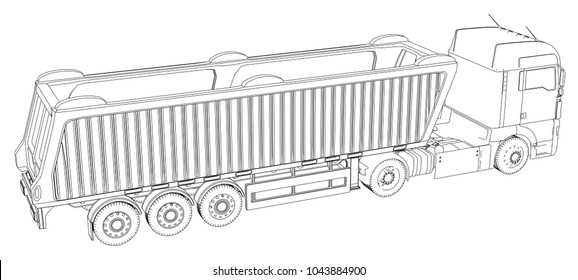 Vector Isometric representing truck or tractor with tipper semi-trailer. Created illustration of 3d. Wire-frame