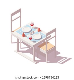 Vector isometric reserved restaurant table for two people with wine glasses, chairs, napkins and dishes. Isolated on white background.