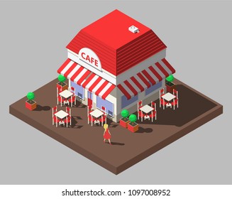 Vector isometric restaurant cafe building with tables and chairs