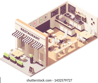 Vector Isometric Restaurant Or Cafe Interior Cross-section. Outdoor Table Under Awnings, Indoor Hall With Seats And Counter, Blackboard Wall Menu