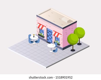 Vector isometric restaurant cafe with  outdoor tables. 