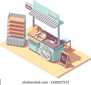 Vector isometric retail kiosk or cart stand. Retro design with wooden wheel, awning, shelves, cash register, credit card payment terminal