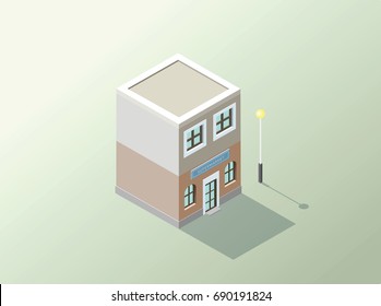 Vector isometric retro building with streetlight
