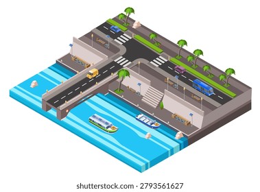 Vector isometric riverside embankment with car roadway with vehicle bus traffic, sidewalk transport bridge with boat river channel. City 3d transportation infrastructure, urban landscape illustration