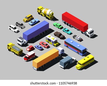 Vector isometric road cars, trucks and other vehicles.